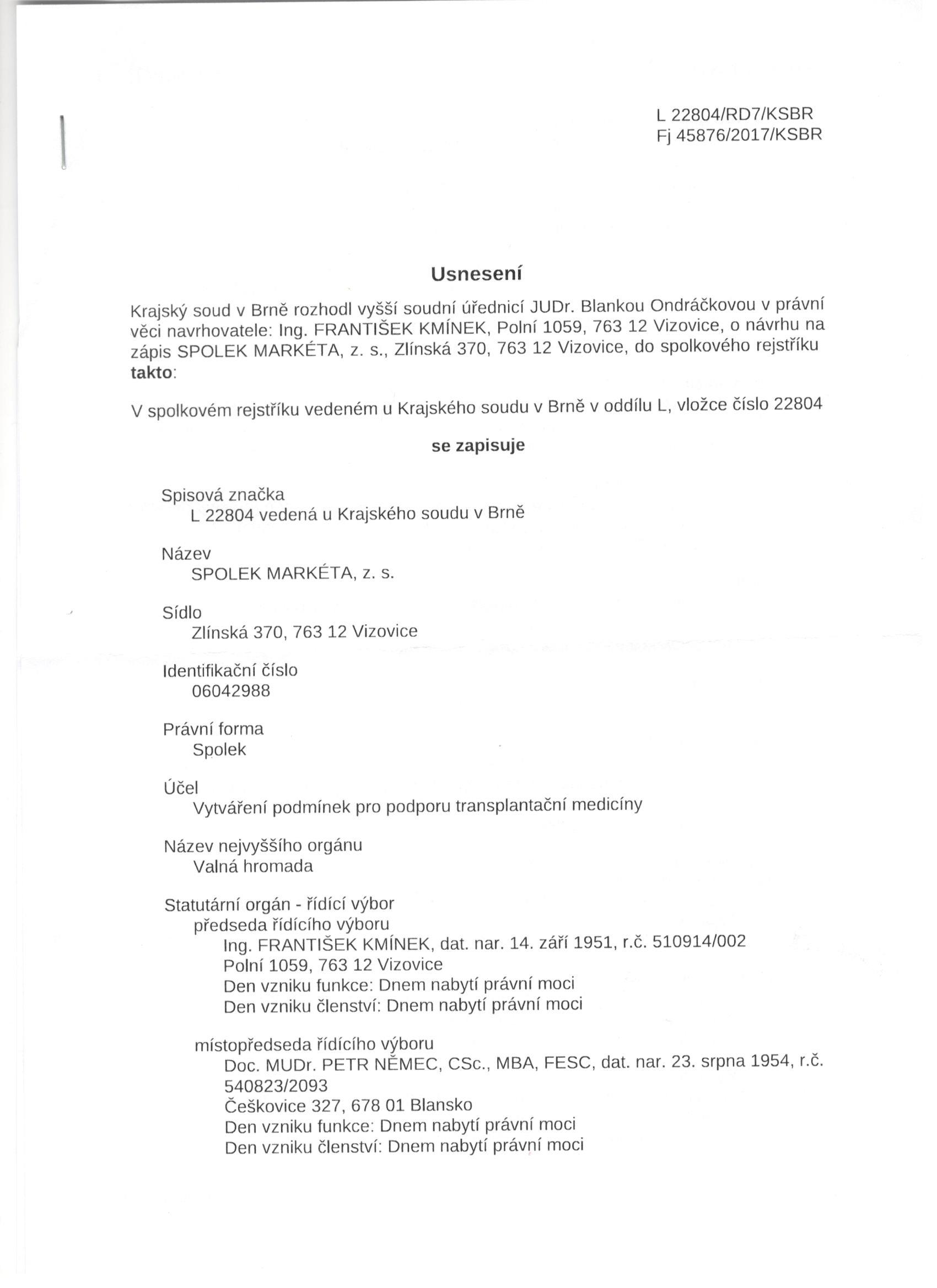 SPOLEK MARKÉTA, z.s. -  Usnesení Krajského soudu v Brně  o zápisu do veřejného rejstříku (1)